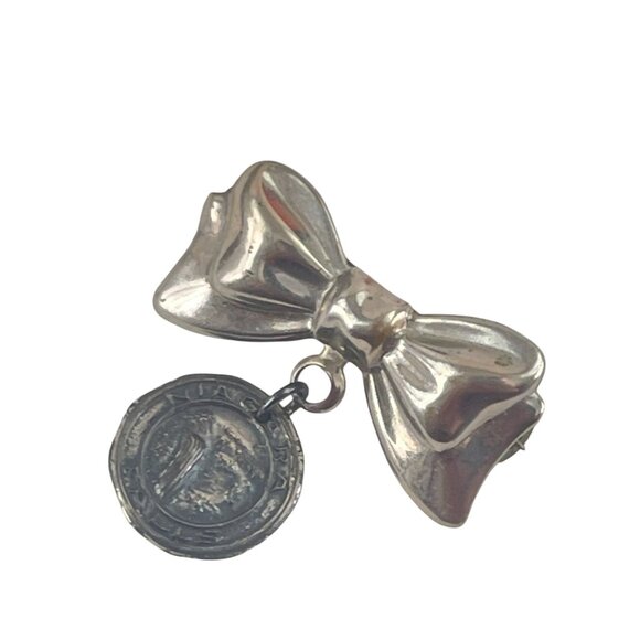 Vintage Silver Bow Brooch With Dangling Medallion - Picture 4 of 5